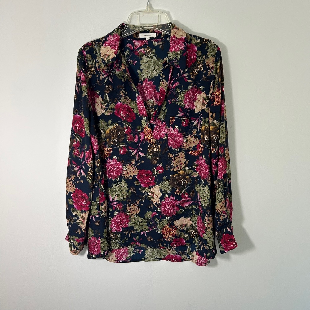 Pleione Navy Floral Split Neck Blouse – Size Small